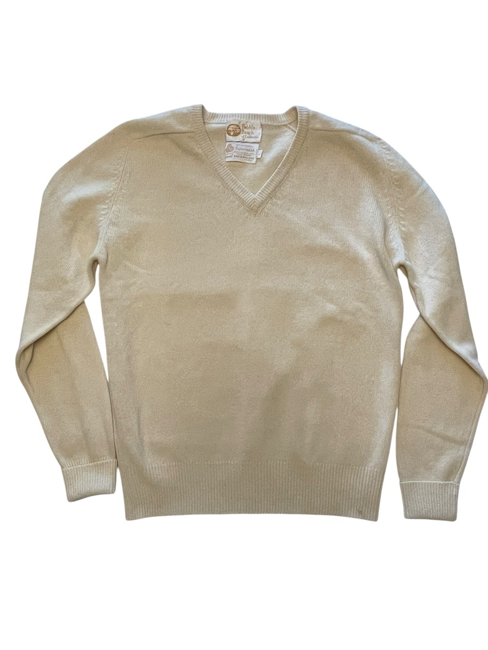Vintage Soft Prep Lambswool Cream High V-Neck Men's Sweater Ribbed Cuffs & Hem